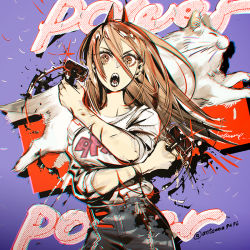 Rule 34 | 1girl, 1other, antenna (draconian), blonde hair, blue background, cat, chainsaw man, cross-shaped pupils, hair between eyes, halftone, hammer, holding, holding hammer, holding weapon, horns, jumping, long hair, looking at viewer, meowy (chainsaw man), messy hair, midair, open mouth, power (chainsaw man), red horns, sharp teeth, shirt, symbol-shaped pupils, teeth, weapon, white cat, white shirt