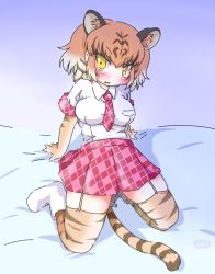 Rule 34 | 10s, 1girl, animal ears, animal print, black hair, blush, boots, collared shirt, commentary, elbow gloves, fang, garter straps, gloves, highres, kemono friends, necktie, on bed, orange hair, plaid, plaid necktie, plaid neckwear, plaid skirt, plaid trim, pleated skirt, shirt, short hair, short sleeves, sitting, skirt, solo, tail, thighhighs, tiger (kemono friends), tiger ears, tiger print, tiger tail, uho (uhoyoshi-o), wariza, yellow eyes