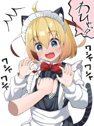 Rule 34 | 1boy, @ @, animal ears, apron, blonde hair, blue eyes, blush, bob cut, bow, bowtie, cat ears, cat tail, cleavage cutout, clothing cutout, crossdressing, disembodied hand, embarrassed, fake animal ears, fang, fuwaja iru, hand on another&#039;s chest, highres, maid, maid apron, maid headdress, male focus, open mouth, original, red bow, red bowtie, simple background, skin fang, surprised, tail, trap, white background