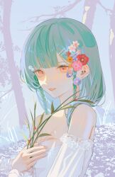 Rule 34 | 1girl, absurdres, bare shoulders, blue nails, blunt bangs, braid, breasts, cleavage, commentary request, dress, ear piercing, flower, grass, green hair, hair flower, hair ornament, hairclip, highres, holding, long hair, long sleeves, looking at viewer, multicolored nails, off shoulder, orange eyes, original, parai0, parted lips, piercing, pink flower, plant, purple background, purple flower, red flower, red nails, simple background, small breasts, solo, strapless, strapless dress, tree, twin braids, upper body, white background, white dress, white flower
