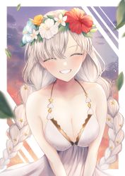 Rule 34 | 1girl, absurdres, anastasia (fate), anastasia (swimsuit archer) (fate), anastasia (swimsuit archer) (second ascension) (fate), bare shoulders, blush, braid, breasts, cleavage, closed eyes, collarbone, dress, dress swimsuit, fate/grand order, fate (series), flower wreath, grin, hair over one eye, hairband, head wreath, highres, huge filesize, large breasts, long hair, silver hair, smile, solo, tobi (pixiv41237754), twin braids, very long hair, white dress