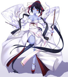 Rule 34 | 1girl, absurdly long hair, ayatudura, bare shoulders, black hair, black sclera, blue skin, breasts, cleavage, collarbone, colored sclera, colored skin, demon girl, dual wielding, full body, hair ornament, hair stick, highres, holding, horns, japanese clothes, kimono, large breasts, long hair, off shoulder, original, pointy ears, ponytail, simple background, solo, sword, tail, very long hair, weapon, white background