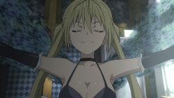 Rule 34 | 10s, 1girl, animated, animated gif, babydoll, bare shoulders, blonde hair, bouncing breasts, breasts, cleavage, elbow gloves, female focus, gloves, large breasts, lieselotte sherlock, long hair, looking at viewer, no bra, pointing, purple eyes, sideboob, solo, trinity seven, twintails