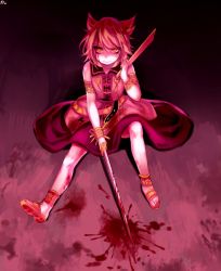 Rule 34 | 1girl, anklet, armlet, bad id, bad twitter id, bare arms, bare shoulders, belt, blonde hair, blood, blood on face, bloody weapon, blouse, bracelet, commentary request, from above, full body, hair between eyes, hand up, holding, holding sword, holding weapon, jewelry, knee up, korean commentary, looking at viewer, pointy hair, purple skirt, ritual baton, sandals, shan, shirt, short hair, sitting, skirt, sleeveless, sleeveless shirt, smile, solo, sword, touhou, toyosatomimi no miko, weapon, yellow eyes, yellow footwear