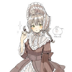 Rule 34 | 1girl, artist logo, artist name, blush, bonnet, braid, brown dress, brown ribbon, commentary, cowboy shot, dress, flower, frilled dress, frilled sleeves, frills, green eyes, grey hair, grey ribbon, hair flower, hair ornament, hair ribbon, hand up, highres, long hair, looking at viewer, neck ribbon, open mouth, original, ribbon, simple background, solo, sparkle, striped clothes, striped dress, twin braids, wandu mook, white background