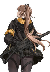 Rule 34 | 1girl, armband, black jacket, brown hair, closed mouth, commentary, expressionless, from behind, girls&#039; frontline, gun, gun on back, h&amp;k ump, hair ornament, highres, hood, hooded jacket, jacket, long hair, looking to the side, mutugorou u, panties, panties under pantyhose, pantyhose, pleated skirt, red eyes, simple background, skirt, solo, submachine gun, twintails, ump9 (girls&#039; frontline), underwear, weapon, weapon on back, white background, yellow armband