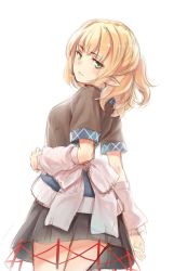 Rule 34 | 1girl, black skirt, blonde hair, closed mouth, from behind, green eyes, highres, looking at viewer, looking back, mizuhashi parsee, oborofu, pointy ears, short hair, short sleeves, simple background, skirt, solo, touhou, white background