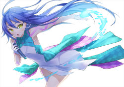 Rule 34 | 1girl, bare shoulders, blue hair, earrings, gloves, hanyuda mito, hanyuuda mito, jewelry, microphone, shingo (missing link), simple background, solo, tokyo 7th sisters, yellow eyes