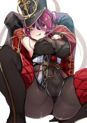 Rule 34 | 1girl, :q, armpits, ass, belt, black coat, black hat, black leotard, black thighhighs, boots, breasts, cameltoe, cleavage, coat, covered navel, eyepatch, gold trim, grey pantyhose, hair bun, hat, highres, hololive, houshou marine, houshou marine (marching band), jewelry, kajimakoto, lace trim, large breasts, leotard, licking lips, long hair, multicolored hair, off shoulder, official alternate costume, pantyhose, peaked cap, red hair, ribbon, see-through, see-through cleavage, shako cap, single side bun, smile, solo, spread legs, squatting, streaked hair, thigh boots, thighhighs, tongue, tongue out, virtual youtuber, yellow eyes