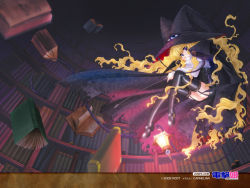 Rule 34 | 00s, 1girl, blonde hair, book, carnelian, garter straps, hat, indoors, library, lilith (yamibou), long hair, non-web source, pencil skirt, skirt, solo, thighhighs, very long hair, wallpaper, witch hat, yami to boushi to hon no tabibito, zettai ryouiki