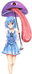 Rule 34 | 1girl, absurdres, adapted costume, akiteru (akiteru98), bare shoulders, blue eyes, blue hair, blue shirt, blue skirt, blush, breasts, center frills, commentary request, detached sleeves, feet out of frame, frills, hair between eyes, hair ornament, hairclip, hand up, heterochromia, highres, holding, holding umbrella, long sleeves, looking at viewer, medium breasts, pleated skirt, purple umbrella, red eyes, saliva, shirt, short hair, simple background, skirt, skirt set, solo, standing, tatara kogasa, thighs, tongue, tongue out, touhou, umbrella, white background