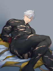 Rule 34 | 1boy, arms behind back, ass, bara, black bodysuit, blood, blood on face, blue eyes, bodysuit, bulge, chachi (soulga), covered abs, cuts, fate/grand order, fate (series), feet out of frame, injury, large pectorals, looking at viewer, male focus, muscular, muscular male, nipple piercing, nipple rings, nipple slip, nipples, pectorals, penis, percival (fate), piercing, red rope, rope, short hair, skindentation, solo, thick thighs, thighs, torn bodysuit, torn clothes, white hair