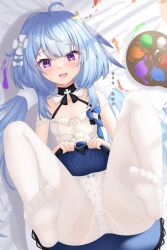 Rule 34 | 1girl, absurdres, ahoge, artist name, ass, bare shoulders, bed sheet, blue hair, blue skirt, bow, bow panties, breasts, clothes lift, feet, griseo, griseo (starry impression), hair bow, highres, honkai (series), honkai impact 3rd, knees up, legs, lifting own clothes, long hair, looking at viewer, lying, no shoes, on back, open mouth, paint splatter, palette (object), panties, panties under pantyhose, pantyhose, polka dot, polka dot panties, purple eyes, skirt, skirt lift, small breasts, soles, solo, toes, underwear, very long hair, watermark, white bow, white panties, white pantyhose, yzo.kun
