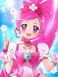 Rule 34 | 1girl, :d, blue background, blush, bow, brooch, choker, collarbone, cure blossom, earrings, flower, flower earrings, hair bow, hanasaki tsubomi, heart, heart brooch, heartcatch precure!, high ponytail, jewelry, kagami chihiro, long hair, looking at viewer, magical girl, open mouth, pink bow, pink choker, pink eyes, pink hair, precure, smile, snowflakes, solo, upper body, very long hair, wrist cuffs