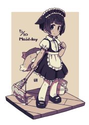 Rule 34 | 1girl, animal ears, apron, black dress, black eyes, black footwear, black hair, border, brown background, closed mouth, commentary request, dress, fox ears, fox girl, fox tail, frilled apron, frilled dress, frills, full body, holding, holding mop, kukuri (mawaru), looking at viewer, maid, maid apron, maid day, maid headdress, mawaru (mawaru), mop, multiple tails, original, pantyhose, sepia, shadow, short hair, short sleeves, smile, solo, standing, tail, waist apron, white apron, white border, white pantyhose