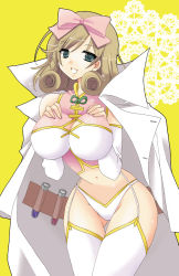 Rule 34 | 10s, 1girl, artist request, ass, blonde hair, bow, breasts, brown hair, cleavage, cleavage cutout, clothing cutout, cowboy shot, female focus, gluteal fold, green eyes, haruka (senran kagura), highres, huge breasts, lab coat, large breasts, looking at viewer, navel, senran kagura, smile, solo, standing, thighhighs