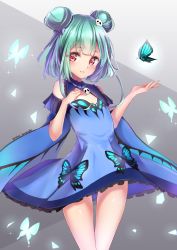 Rule 34 | 1girl, animal, bare shoulders, blue dress, blue sleeves, blush, bug, butterfly, commentary request, detached sleeves, double bun, dress, frilled dress, frills, green hair, grey background, hair bun, hair ornament, hands up, highres, hololive, insect, long sleeves, looking at viewer, parted lips, red eyes, skull hair ornament, sleeveless, sleeveless dress, solo, teratsuki, twitter username, uruha rushia, uruha rushia (1st costume), virtual youtuber, wide sleeves