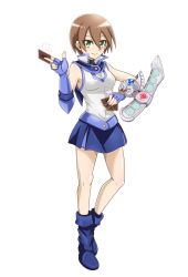 Rule 34 | 1girl, aile (mega man zx), armpits, breasts, brown hair, card, closed mouth, cosplay, duel academy uniform (yu-gi-oh! gx), gloves, green eyes, gyakutenndokei2, highres, holding, holding card, looking at viewer, mega man (series), mega man zx, school uniform, short hair, simple background, skirt, smile, solo, tenjouin asuka, tenjouin asuka (cosplay), white background, yu-gi-oh!, yu-gi-oh! gx