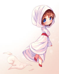 Rule 34 | 1girl, blue eyes, blush, brown background, brown hair, chibi, closed mouth, commentary, commission, english commentary, gradient background, hair between eyes, hand up, hood, hood up, hooded robe, hyanna-natsu, long sleeves, looking at viewer, looking back, original, red footwear, robe, shoe soles, shoes, sleeves past wrists, smoke, solo, white background, white robe