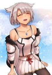 Rule 34 | 1girl, 20060715, absurdres, animal ear fluff, animal ears, bare shoulders, black pantyhose, closed mouth, commentary, grey hair, highres, jacket, long sleeves, mio (xenoblade), open clothes, open jacket, open mouth, pantyhose, short hair, sitting, skirt, solo, sweat, white jacket, white skirt, xenoblade chronicles (series), xenoblade chronicles 3