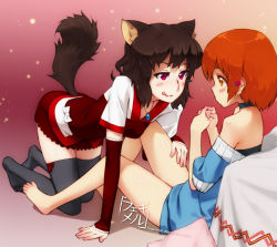 Rule 34 | 2girls, :q, all fours, animal ears, artist name, bare legs, bare shoulders, barefoot, black legwear, blush, brown hair, deviantart username, feet, feguimel, fidgeting, hair ornament, hairclip, hand on another&#039;s thigh, hand on thigh, index fingers together, legs, multiple girls, naughty face, orange eyes, orange hair, original, purple eyes, short hair, tail, thighhighs, toes, tongue, tongue out, watermark, web address, yuri