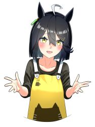Rule 34 | 1girl, ahoge, alternate costume, alternate hair length, alternate hairstyle, animal ears, apron, black hair, black shirt, blush, commentary request, earrings, hair between eyes, highres, horse ears, horse girl, jewelry, long sleeves, manhattan cafe (umamusume), multicolored hair, open mouth, outstretched arms, shirt, short hair, simple background, single earring, smile, solo, streaked hair, takuan (taku1219oekaki), umamusume, upper body, white background, white hair, yellow apron, yellow eyes