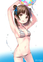 Rule 34 | 1girl, armpits, arms up, ball, bare arms, beachball, bikini, blue ribbon, blush, breasts, brown eyes, brown hair, cowboy shot, double bun, gradient background, groin, hair bun, hair ribbon, hanekoto, highres, holding, holding ball, looking at viewer, lowleg, navel, open mouth, original, ribbon, small breasts, solo, stomach, striped bikini, striped clothes, swimsuit, twitter username, water drop, wet