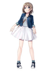 Rule 34 | 10s, 1girl, :d, alternate costume, bag, bare legs, between breasts, black footwear, blue eyes, blue shirt, blue socks, blush, breast pocket, breasts, brown hair, converse, denim, denim jacket, ginopi, grin, highres, jacket, legs apart, long sleeves, looking at viewer, love live!, love live! school idol festival, love live! sunshine!!, medium breasts, open mouth, pocket, shirt, shoes, short hair, simple background, skirt hold, sleeves pushed up, smile, sneakers, socks, solo, standing, strap between breasts, tareme, teeth, watanabe you, white background, white shirt