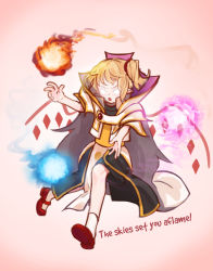 Rule 34 | bare legs, blonde hair, cosplay, dota (series), dota 2, english text, fireball, flandre scarlet, gem, glowing, glowing eyes, highres, invoker (dota), invoker (dota) (cosplay), mary janes, no pupils, pelvic curtain, pointy ears, red footwear, red gemstone, shoes, short hair, simple background, socks, solo, tagme, touhou, v-shaped eyebrows, white background, white eyes, wings, yoruny