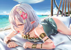 Rule 34 | 1girl, antenna hair, ass, beach, chen bingyou, day, elf, flower, from side, granblue fantasy, hair between eyes, hair flower, hair ornament, half-closed eyes, highres, kokkoro (princess connect!), kokkoro (summer) (princess connect!), lying, on stomach, pink eyes, pink flower, pointy ears, princess connect!, silver hair, solo, swimsuit, tongue, tongue out