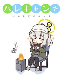 Rule 34 | 1girl, achilles (yosshyachillesd), baked potato, blue archive, brown jacket, campfire, camping chair, closed eyes, drone, eating, food, hare (blue archive), hare (camp) (blue archive), hat, highres, holding, holding food, jacket, official alternate costume, parody, ponytail, scarf, sitting, smile, sparkling eyes, title parody, white background, yurucamp