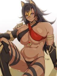 Rule 34 | 1girl, animal ears, arm support, black hair, blonde hair, blue eyes, breasts, cameltoe, cleft of venus, closed mouth, dangle earrings, dark-skinned female, dark skin, dehya (genshin impact), earrings, genshin impact, highres, jewelry, knee up, large breasts, long hair, looking at viewer, multicolored hair, shiny skin, sitting, smile, solo, sulcate, white background