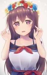 Rule 34 | 1girl, :d, blue flower, blue rose, brown hair, collarbone, flower, grey background, hair between eyes, hair flower, hair ornament, head wreath, highres, kantai collection, kisaragi (kancolle), long hair, looking at viewer, minakami mimimi, open mouth, purple eyes, red flower, red rose, rose, simple background, sleeveless, smile, solo, straight hair, upper body, very long hair, yellow flower, yellow rose
