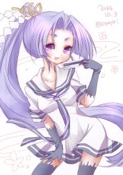 Rule 34 | 10s, 1girl, :d, black gloves, breasts, dated, dress, folded ponytail, gloves, hair ornament, hatsuharu (kancolle), holding, kantai collection, koyoi (ruka), long hair, looking at viewer, open mouth, ponytail, purple eyes, purple hair, sailor dress, school uniform, serafuku, sketch, small breasts, smile, solo, thighhighs, twitter username, very long hair, zettai ryouiki