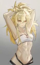 Rule 34 | 1girl, animal ears, arknights, armpits, arms up, bandeau, bare arms, bare shoulders, blonde hair, breasts, chinese commentary, cleavage, commentary request, dabaijiang memeda, gradient background, grey background, hair between eyes, lion ears, long hair, looking at viewer, midriff, navel, parted lips, siege (arknights), small breasts, solo, stomach, strapless, tube top, upper body, v-shaped eyebrows, yellow eyes