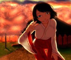 Rule 34 | :d, all fours, black hair, bow, brown eyes, building, cherry blossoms, grass, grin, hakama, hakama skirt, highres, japanese clothes, kimono, long sleeves, looking at viewer, miko, open mouth, original, outdoors, path, pinkisch, plant, red bow, ribbon-trimmed sleeves, ribbon trim, road, short hair, shrine, skirt, smile, solo, sunset, teeth, thigh gap, tree, v