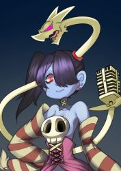 Rule 34 | 1girl, bare shoulders, blue skin, breasts, colored skin, detached collar, detached sleeves, hair over one eye, leviathan (skullgirls), red eyes, ryunag, side ponytail, skullgirls, squigly (skullgirls), stitched mouth, stitches, striped, striped sleeves, zombie, zombie girl