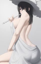 Rule 34 | 1girl, ass, back, bare shoulders, black hair, blue eyes, blush, breasts, hair over one eye, hat, highres, kaminari doon, large breasts, looking at viewer, medium hair, mole, mole under eye, original, sideboob, solo, thighs, wand, white hat, witch, witch hat