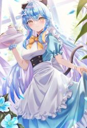 Rule 34 | 1girl, absurdres, alternate costume, animal ears, apron, blue dress, blue flower, blue hair, blush, bow, bowtie, bracelet, breasts, cat ears, cat girl, cat tail, colored inner hair, commentary request, cowboy shot, cup, dress, enmaided, flower, highres, holding, holding tray, hololive, indoors, jewelry, long hair, looking at viewer, maid, matsumoto yuu, medium breasts, multicolored hair, plant, pointy ears, puffy short sleeves, puffy sleeves, purple hair, short sleeves, single wrist cuff, smile, solo, tail, teacup, teapot, tray, virtual youtuber, waist apron, window, wrist cuffs, yellow bow, yellow bowtie, yellow eyes, yukihana lamy
