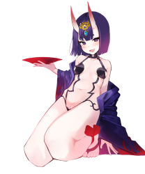 Rule 34 | 1girl, :d, aak, absurdres, areola slip, bad id, bad pixiv id, bare shoulders, barefoot, bow, breasts, collarbone, cup, fang, fate/grand order, fate (series), full body, hand up, headpiece, highres, holding, horns, japanese clothes, kimono, kneeling, long sleeves, navel, off shoulder, oni, open mouth, purple eyes, purple hair, purple kimono, pussy, pussy peek, red bow, revealing clothes, sakazuki, shuten douji (fate), skin-covered horns, sleeves past wrists, small breasts, smile, solo, thick eyebrows, toenails, wide sleeves