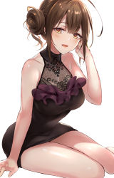 Rule 34 | 1girl, :d, ahoge, bare arms, bare legs, black dress, breasts, brown eyes, brown hair, cleavage, collarbone, dress, half-closed eyes, hand in own hair, highres, idolmaster, idolmaster shiny colors, iku2727, kuwayama chiyuki, large breasts, leaning forward, looking at viewer, open mouth, see-through, see-through cleavage, short dress, short hair, simple background, sitting, sleeveless, sleeveless dress, smile, solo, white background