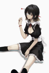 Rule 34 | 1girl, 7ife, absurdres, arrow (projectile), arrow in head, bad id, bad pixiv id, bandage over one eye, black dress, black hair, blood, bracelet, breasts, brown eyes, brown hair, cleavage, cleavage cutout, closed mouth, clothing cutout, commentary, dress, english commentary, hand up, highres, jewelry, kneehighs, maid, medium breasts, medium hair, mole, mole under eye, neck ribbon, object through head, original, puffy short sleeves, puffy sleeves, red ribbon, ribbon, short sleeves, simple background, sitting, socks, solo, white background