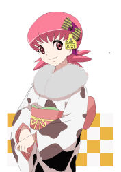 Rule 34 | 1girl, 2021, animal print, bow, commentary request, cow print, cowboy shot, creatures (company), ear tag, fur collar, game freak, hair bow, highres, japanese clothes, kimono, long sleeves, looking at viewer, low twintails, makoto daikichi, medium hair, nintendo, obi, partial commentary, pink eyes, pink hair, pokemon, pokemon gsc, print kimono, sash, solo, standing, twintails, white kimono, whitney (pokemon), wide sleeves