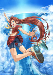 Rule 34 | ass, bad id, bad pixiv id, bike shorts, blue eyes, brown hair, cloud, flying, long hair, original, outstretched arms, pirano, school uniform, shoes, skirt, sky, sneakers, solo, spread arms, water