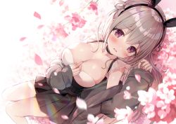 Rule 34 | 1girl, animal ears, black choker, black hairband, black jacket, black skirt, blush, breasts, choker, cleavage, commentary request, fake animal ears, flower, grey hair, hair between eyes, hair rings, hairband, hanakumo rin (vtuber), hand on own chest, hands up, high-waist skirt, highres, jacket, large breasts, long hair, long sleeves, looking at viewer, luna nyann, lying, off shoulder, official art, on back, open clothes, open jacket, parted lips, pink flower, pleated skirt, propro production, purple eyes, skirt, sleeves past wrists, solo, virtual youtuber