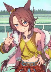 Rule 34 | 1girl, animal ears, blue eyes, blush, brown hair, clothes around waist, commentary request, day, denim, ear ornament, grin, hair between eyes, hand on own hip, highres, horse ears, horse girl, horse tail, horseshoe, horseshoe ornament, jacket, looking at viewer, midriff, nametake, narita taishin (umamusume), open clothes, open jacket, outdoors, pink jacket, smile, solo, sweat, tail, torn clothes, umamusume