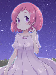 Rule 34 | 1girl, blush, bow, child, collarbone, creatures (company), dress, female focus, flat chest, game freak, hand up, highres, looking at viewer, magaton, margo (pokemon), night, night sky, nintendo, outdoors, pink bow, pink hair, pokemon, pokemon (anime), pokemon the movie: the power of us, purple dress, purple eyes, short hair, short sleeves, sky, solo, sparkle, standing, star (sky), starry sky