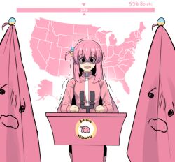 1girl 2024_us_election absurdres black_eyes bocchi_the_rock! character_name commentary cube_hair_ornament english_commentary flag gotoh_hitori gotoh_hitori_(octopus) hair_ornament highres hinghoi jacket long_hair long_sleeves looking_at_viewer map microphone motion_lines one_side_up open_mouth pink_flag pink_hair pink_jacket solo standing sweatdrop tearing_up trembling united_states wavy_mouth white_background