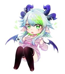 Rule 34 | 1girl, artist name, bare shoulders, blue hair, bra strap, breasts, apricot the lich, chibi, choker, cross, cross earrings, crydiaa (artist), demon girl, demon horns, demon wings, earrings, eyes visible through hair, fang, full body, green eyes, green hair, heart, highres, horn ornament, horns, jewelry, long sleeves, looking at viewer, medium hair, multicolored hair, multiple horns, open mouth, pointy ears, simple background, skin fang, skull choker, solo, sweater, thighhighs, two-tone hair, virtual youtuber, vshojo, watermark, white background, wings