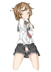 Rule 34 | 10s, 1girl, anchor symbol, bad id, bad twitter id, black skirt, blouse, blush, breasts, brown eyes, brown hair, closed eyes, cowboy shot, cropped legs, ebifurya, eyebrows, folded ponytail, hair ornament, hand on own chest, highres, inactive account, inazuma (kancolle), kantai collection, long sleeves, looking at viewer, neckerchief, pleated skirt, school uniform, serafuku, shirt, short hair with long locks, simple background, skirt, skirt tug, small breasts, solo, white background, white shirt